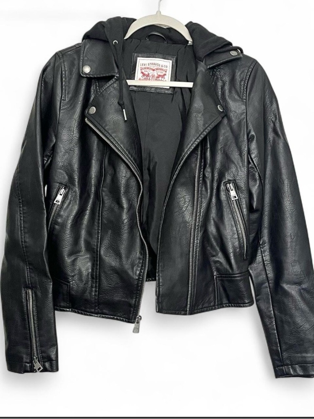Levi Black Faux Leather Hooded Zip Moto Jacket XS Asymmetric Grunge Rocker